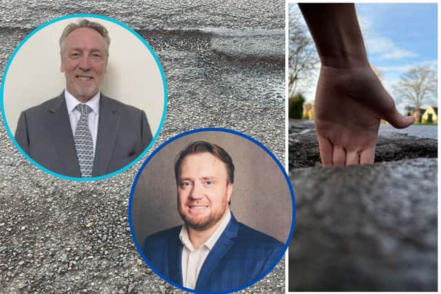 Cllr Chris McGiffen (Reform/Pemberton) and Cllr Jon Humberstone (Con/Oundle) with potholes that have been reported to NNC via Fix My Street/NNC
