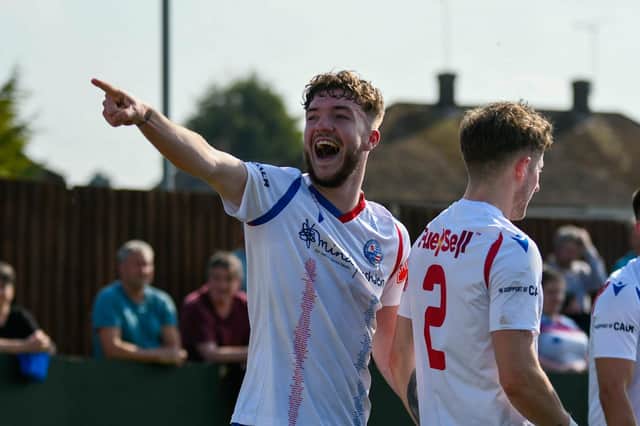 Will Jones savours the moment after he headed home AFC Rushden & Diamonds' opening goal in the 2-1 win over Bromsgrove Sporting. Pictures courtesy of Hawkins Images