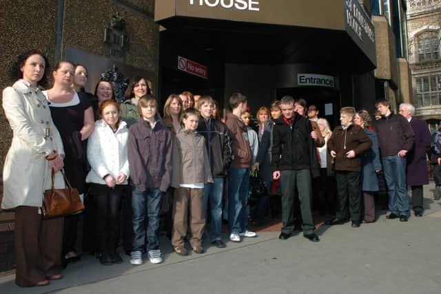 Flashback to February 16, 2009, when the families of 19 Corby children arrive at the High Court in London for the start of the case against Corby Council. Image: Liz Kearsley / Northants Telegraph