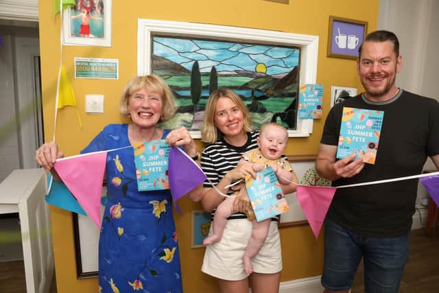 L-r Denise Mackay, Charlotte Mackay with son Rufus (six months) and James Varlow (chairman of Johnny's Happy Place)