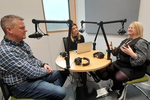 Simon Longhurst, Lisa Slaughter and Dr Kardi Somerfield in the UON podcasting room talking about apprenticeships.