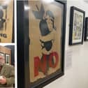Top: Rooftop Arts Director Dinah Kazakoff with a Banksy at the gallery. Botton: Collector John Brandler who owns the collection. Right: Bomb Hugger, which is on sale for £80,000. Images: National World