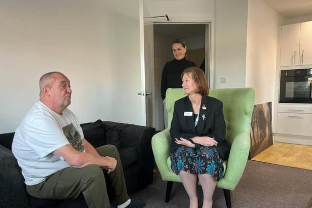 Colin talking with Cllr Laura Couse - Cabinet Member for Adult Social Care and Public Health at West Northamptonshire Council, and Lisa Pettefer – Regional Operations Manager at National Care Group, in his new home