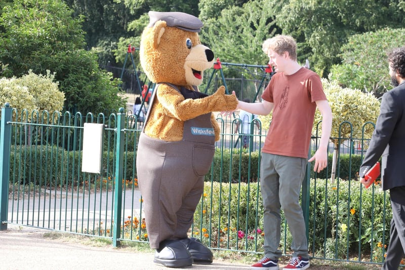 James Acaster filming at Wicksteed Park with Wicky Bear in 2022