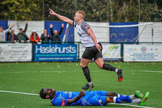 Michael Jacklin celebrates after scoring Corby Town's fifth goal in their 5-1 success at Sutton Coldfield Town. Pictures by Jim Darrah