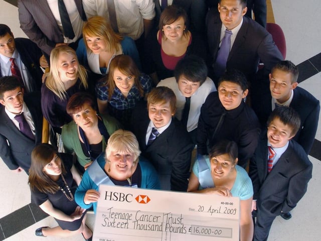 Students Dianne McCutcheon, Jamie Scoular, 17, and Lisa Pallett raise d£16k for the Teenage Cancer Trust in 2009