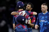 Ravi Bopara celebrates with Lewis McManus after clinching the win over Derbyshire Falcons on Thursday night