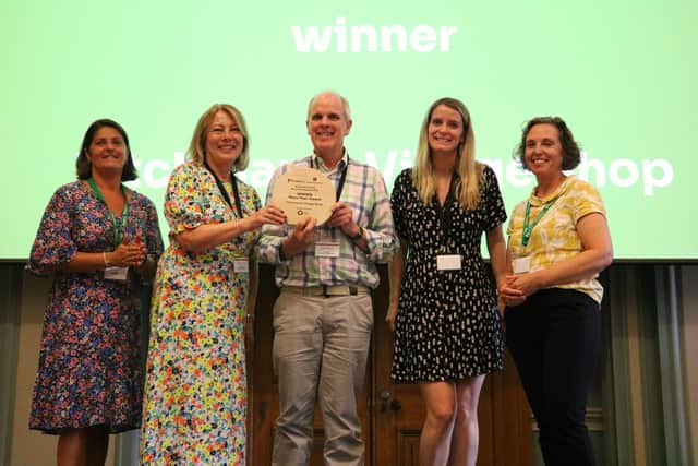 Jayne Rolfe and John Wills from Titchmarsh Village Shop (2nd from left and centre) with Annie Constable from awards sponsor Good Finance (2nd from right) and Lucia Jesus and Diane Cameron from Plunkett UK (left and right)