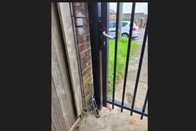 One of the broken alley gate locks in Wellingborough