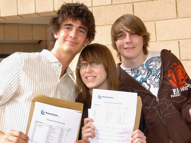 Robert Lucas, Amelia Ryan and Matthew Bradbury with their GCSE results in 2008