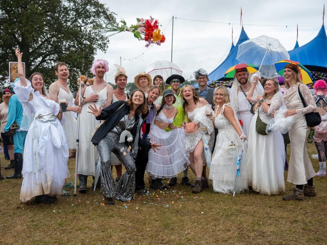 One of the teams taking part in Shambala’s annual carnival on Saturday, August 29, 2026, dressing up to showcase this year’s ‘Lyrical Genius’ theme. Photo by David Jackson.