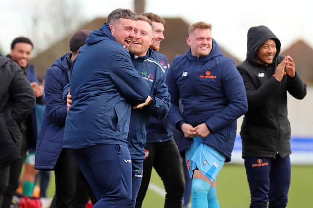 Assistant managers Tom Cherry and Jim Le Masurier enjoying the second goal on Saturday (PIcture: Peter Short)