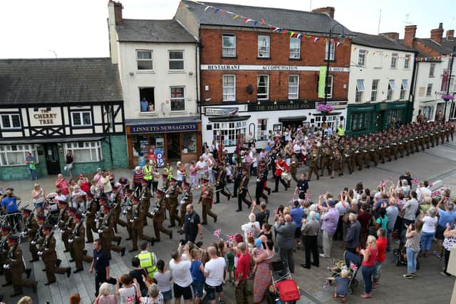 Kettering, Sheep Street  2nd Battalion Royal Anglians marching through Kettering town centre in July 2014/National World