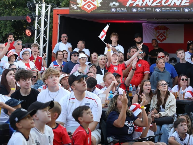Fans at the Kettering Town FC World Cup Fan Zone watch England vs Argentina in the semi-final