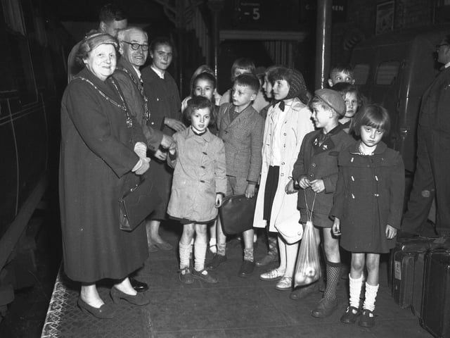 Refugee children arrive at Wellingborough Station, May 27, 1959