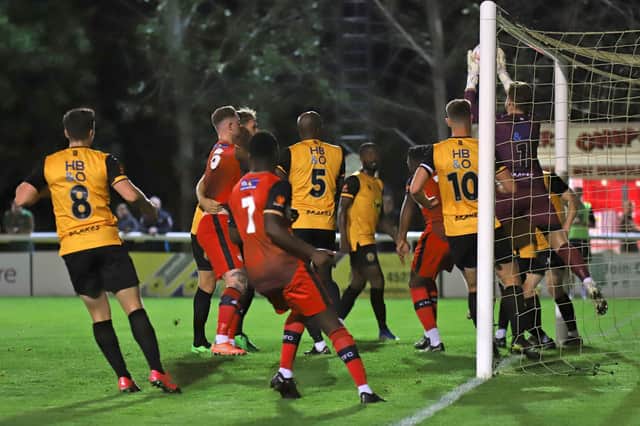 Action from Kettering Town's 1-0 defeat at Leamington. Pictures by Peter Short