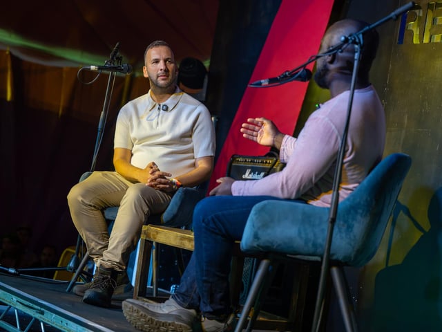 Green Party leader Zack Polanski in discussion with Femi Oluwole in the Rebel Soul tent at the Shambala Festival on Friday, August 28, 2026. Photo by David Jackson.
