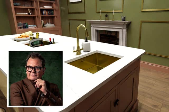 Howdens says it can help you create a kitchen just like the one seen in Celebrity Traitors featuring Northamptonshire's very own Alan Carr (inset, BBC image)