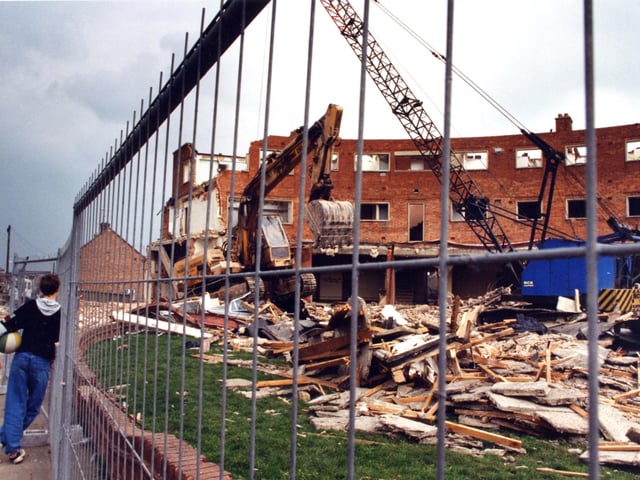 Demolition of the shops and flats in Berrymoor Road, Wellingborough, in 1996