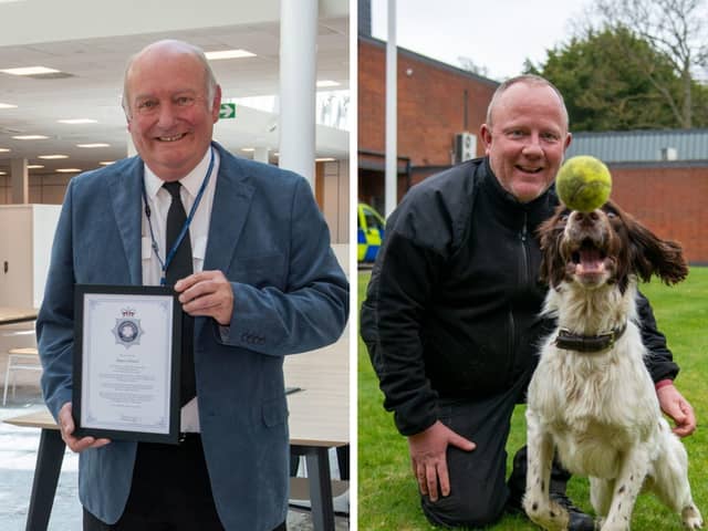 Shaun Johnson (left) and PC Ian McDonald (right) with Police Dog Alfie.