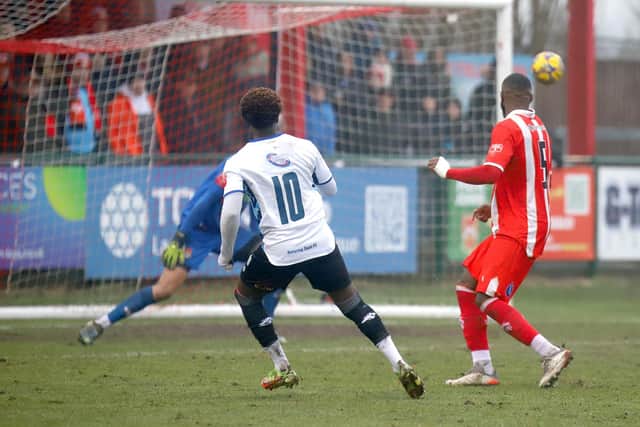 Terell Pennant curls home to put the Poppies 2-0 up at Stourbridge (Picture: Peter Short)