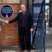 Wellingborough plaque unveiling. Andy Savage, Executive Director for Railway Heritage Trust (left), Dr Toby Driver, great-great-grandson of Charles Henry Driver (right)