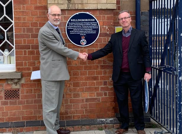 Wellingborough plaque unveiling. Andy Savage, Executive Director for Railway Heritage Trust (left), Dr Toby Driver, great-great-grandson of Charles Henry Driver (right)
