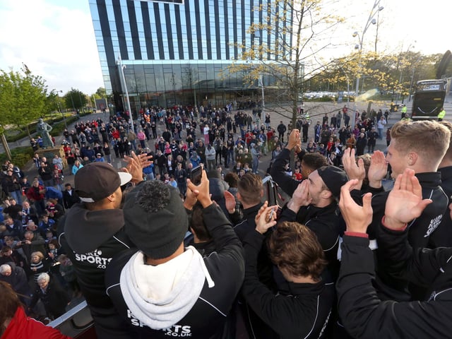 Corby Town FC open top bus parade outside the Corby Cube May 2015