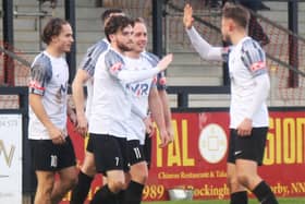 Corby Town's players celebrate Joe Butterworth's superb 34th-minute strike against Coventry Sphinx (Picture: David Tilley)