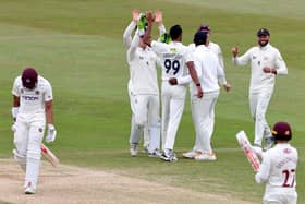 Kent players celebrate the second innings dismissal of Emilio Gay during their innings-and-15-runs victory at the County Ground this week (Picture: David Rogers/Getty Images)