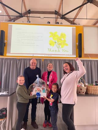 Prize hamper time, presented by John Brownhill from Food4Heroes and Rachel McGrath, CEO of Northamptonshire Community Foundation.