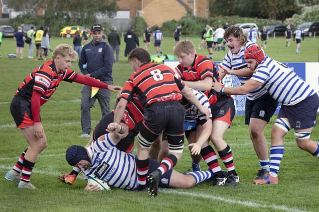 Kettering pile over for one of their 13 tries against Nuneaton (Picture: Glyn Dobbs)