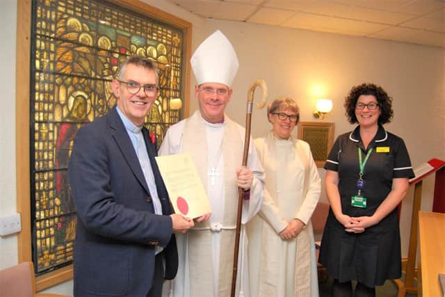The Rev Mike Corcoran, Bishop John Holbrook, Archdeacon Alison Booker and KGH's Sarah Parry
