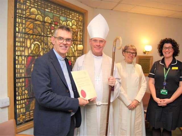 The Rev Mike Corcoran, Bishop John Holbrook, Archdeacon Alison Booker and KGH's Sarah Parry