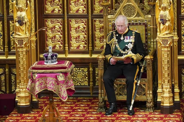 Prince Charles  reads the Queen's speech in the House of Lords Chamber, during the State Opening of Parliament in the House of Lords at the Palace of Westminster on May 10, 2022