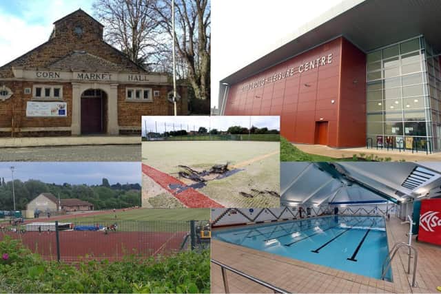 clockwise: Kettering's Cornmarket Hall, Desborough Leisure Centre, Kettering Swimming Pool, Kettering athletics track and in centre Kettering Pitch