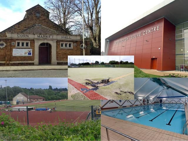 clockwise: Kettering's Cornmarket Hall, Desborough Leisure Centre, Kettering Swimming Pool, Kettering athletics track and in centre Kettering Pitch