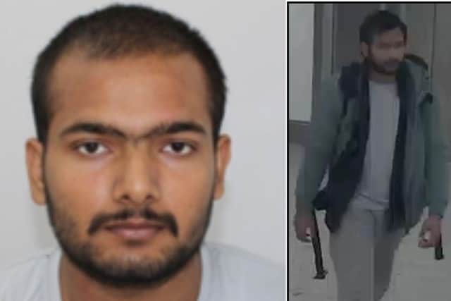 The previous custody photograph of Pankaj Lamba showed him short hair and (right) Lamba has been featured in grainy CCTV footage with much longer hair. Images: Northants Police