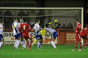 Billy Johnson makes one of several saves he made in Kettering Town's 4-0 defeat at Needham Market (Picture: Peter Short)