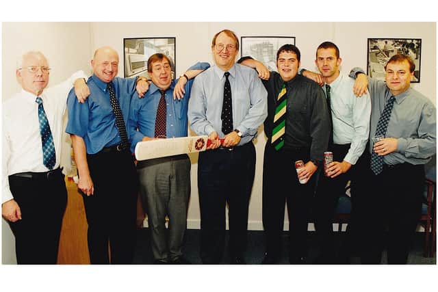 Northants Evening Telegraph's sport reporters and sports editors l-r Peter Bennett, John Wilkinson, Derek Waugh Ian Davidson, Jon Dunham, Jim Lyon, Alan Poole /Northants Telegraph