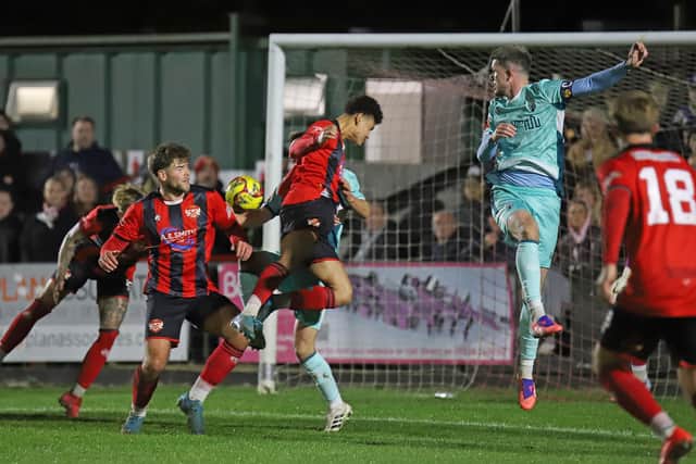 Goalmouth action from Kettering Town's clash with Rushall Olympic on Tuesday night (Picture: Peter Short)