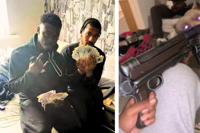 Left, Alexi Da'Costa and Tyrone James with the cash they earned from drug dealing. Right, Tyrone James holding a gun in a photo found on his phone. Image: National World/ Northants Police