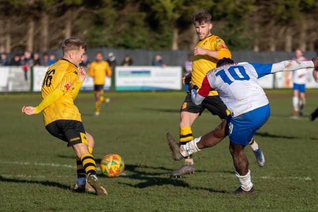 Miguel Ngwa sees a shot blocked during AFC Rushden & Diamonds' defeat to Alvechurch. Picture courtesy of Hawkins Images