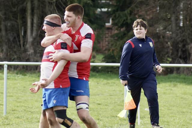 Wellingborough celebrate a try in their win at Bourne