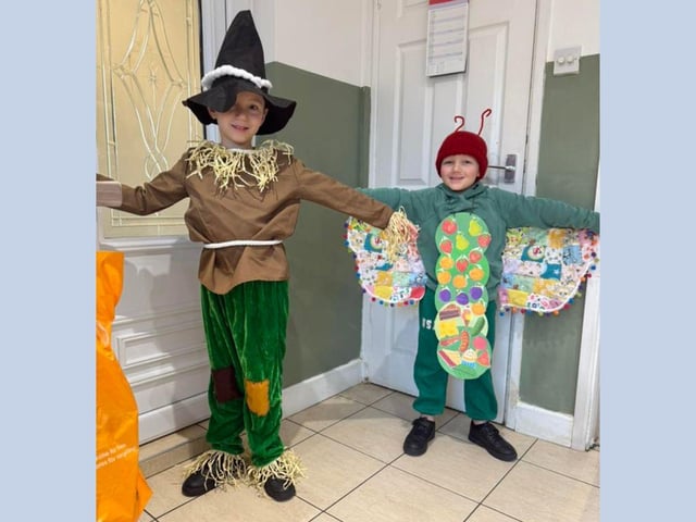 Kobi, aged 6 as The Hungry Caterpillar and Jax, aged 7, as The scarecrow from Wizard of Oz
