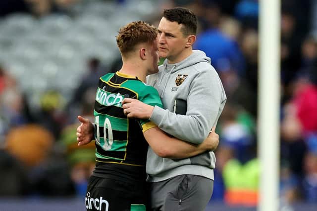 Phil Dowson consoled Fin Smith after Saints' defeat at Croke Park (photo by David Rogers/Getty Images)