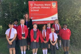 Headteacher Sophie Howes with pupils at St Thomas More Catholic Primary School in Kettering