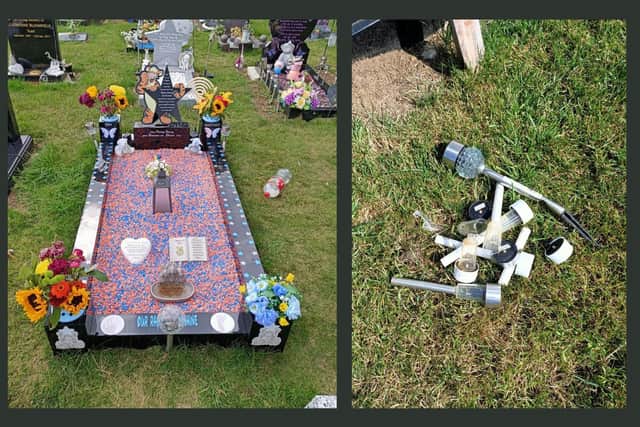 Grayson's Tigger-themed grave with some of the damaged solar lights