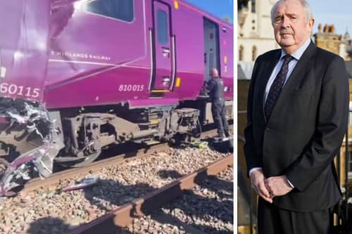 The aftermath of the Bedford train crash and senior solicitor Des Collins (right)
