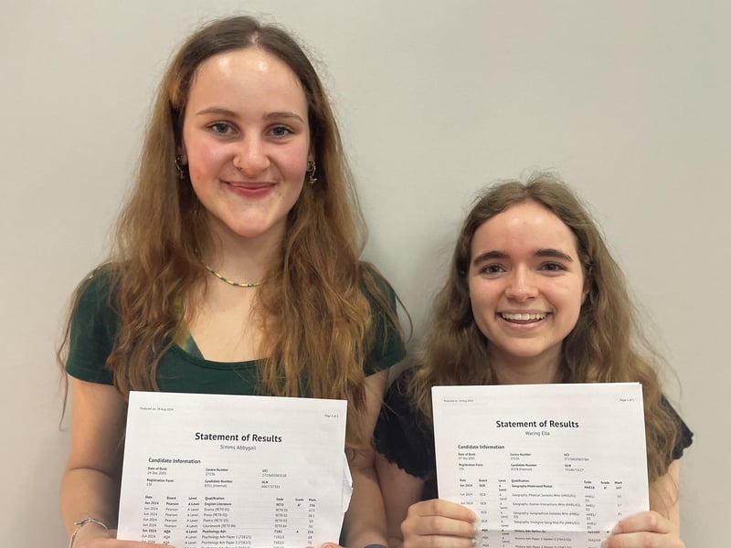 Ella Waring (L) and Abby Simms collecting their results at Prince William School in Oundle
